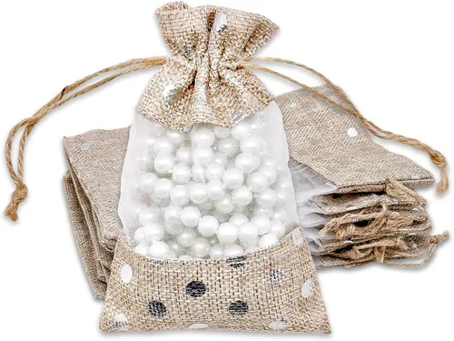 Miniatura 25 de Paquete de 12 bolsas de regalo medianas de lino, arpillera y organza con cordones (5 x 7 pulgadas, blanco) - Bolsa de malla para recuerdos