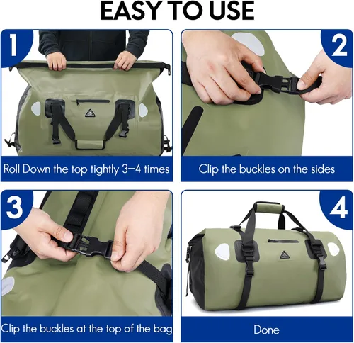 Miniatura 8 de Haimont Bolsa de lona impermeable con correas de fijación rápida para motociclismo, rafting, canotaje, SUP, kayak, viajes, 50L/70L Verde militar