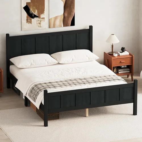 Miniatura 13 de Bellemave Cama de panel plano de tamaño individual con cabecero y estribo, cama de plataforma minimalista y moderna con acabado de grano de madera