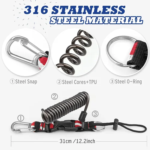 Miniatura 3 de Cordón de buceo, cordón en espiral de acero inoxidable resistente con hebilla de liberación rápida y correa de banda de bandera de buceo para Negro
