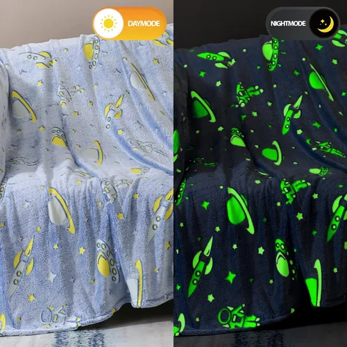 Miniatura 2 de Manta que brilla en la oscuridad con diseño espacial, regalos para niños - Manta de felpa suave con diseño de astronauta, cohete, planeta y estrella