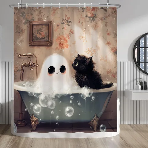 Miniatura 93 de Cortina de ducha de fantasma y gato negro para niños, 36 x 72 pulgadas, espeluznante y bonita, cortina de baño de Halloween con 6 ganchos, cortina