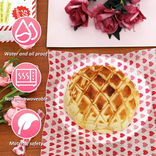 Miniatura 4 de Whaline 150 hojas de papel de cera para el día de San Valentín, diseño de corazón rosa a rayas rosadas, papel de pícnic, a prueba de grasa