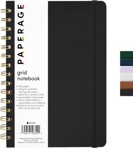 PAPERAGE Cuaderno y diario en espiral de papel cuadriculado, (negro), 160 páginas, tamaño mediano de 5.5 x 8 pulgadas - papel cuadriculado grueso de