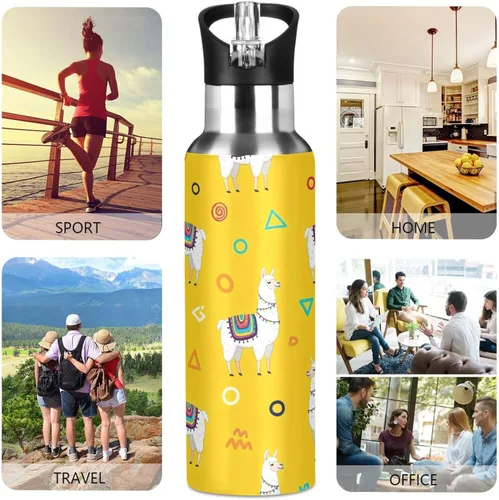 Miniatura 5 de BPA-Free Sports Water Bottle with Straw 20 Oz, Insulated Stainless Steel Water Bottle with Straw for Gym Outdoor Travel School, White Llamas Yellow