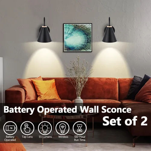Miniatura 4 de Aplique de pared industrial de madera sintética negra, funciona con pilas, fácil de instalar, sin cables, bombilla LED regulable con control remoto