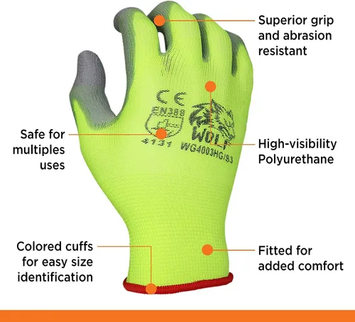 Miniatura 4 de WOLF Guantes de trabajo con palma recubierta de poliuretano y carcasa de nylon, para construcción, mecánica, almacén, trabajo de jardinería, trabajo