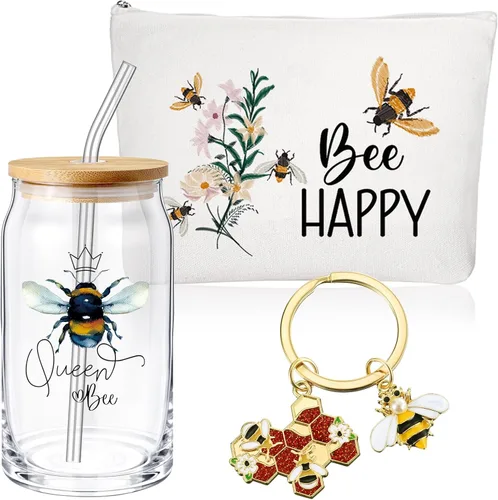 Hushee 3 piezas de regalos temáticos de abeja, bolsa de maquillaje feliz y taza de vidrio con tapa, llavero de paja inspirador para graduación,