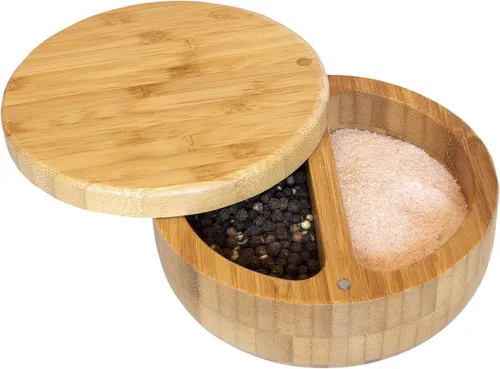 Miniatura 4 de Totally Bamboo Salt Keeper Duet - Salero de bambú con compartimentos duales para sal y pimienta o especias, tapas giratorias magnéticas, caja de sal