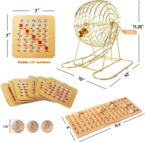 Miniatura 2 de GSE Games & Sports Expert Juego de Bingo de Lujo con Jaula Grande de Latón, 10 Tarjetas de Bingo con Ventanillas Deslizantes, Tablero Principal