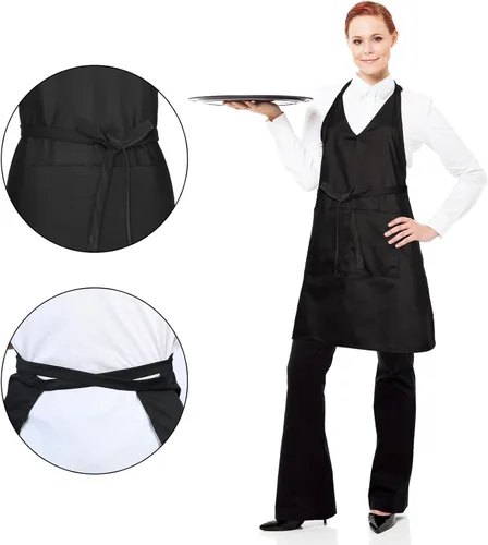 Miniatura 6 de 2 juegos de delantales unisex con cuello en V, delantales de esmoquin negros, delantales formales con babero, delantales ajustables para eventos