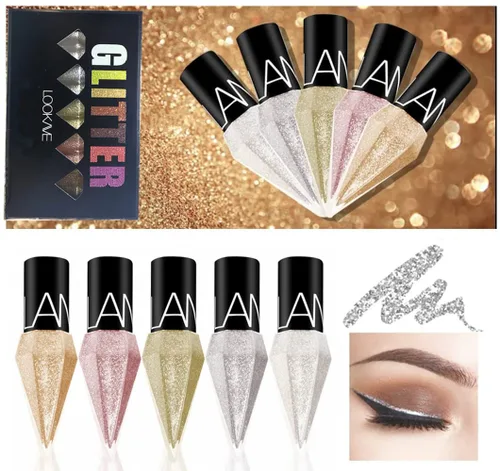 Go Ho Juego Colorido de Delineador Líquido con Purpurina, 5 Colores Metálicos Brillantes Blanco Plateado Dorado Diamante Delineador de Ojos,