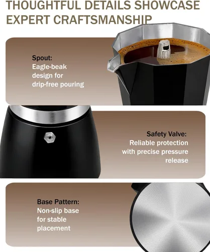 Miniatura 7 de Cafetera de café para estufa, cafetera de expreso de 3 tazas, olla de moka de aluminio, percolador de 5 oz 150 ml, fácil de preparar para estufas