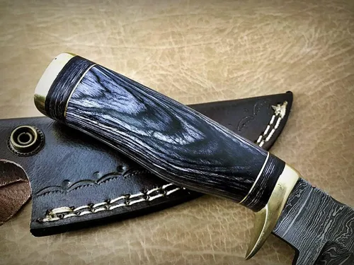Miniatura 3 de Cuchillo de hoja fija de acero de Damasco con funda de cuero, escala de madera redonda con protector de dedo de latón y tapa, cuchillo de piel de 8
