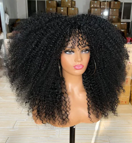 Miniatura 7 de Sweece - Peluca afro larga y rizada con flequillo para mujeres negras, peluca de cabello rizado de 17 pulgadas (17 pulgadas, negro)