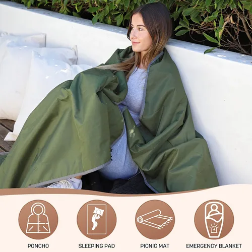 Miniatura 2 de Tirrinia Manta impermeable para exteriores con forro sherpa, resistente al viento, triple capa, cálida y cómoda, plegable para camping, estadio