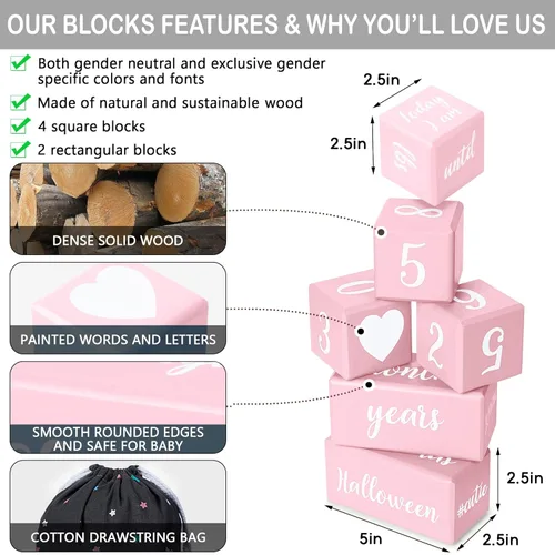 Miniatura 2 de Bloques de hitos mensuales de bebé rosa con bolsa. Bloques de edad para bebé para niña o niño, accesorios para fotos de bebé y baby shower. Bloques