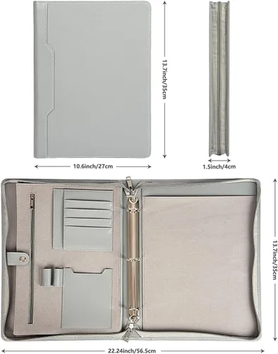 Miniatura 3 de AZXCG Carpeta de cuero con 3 anillos para mujeres y hombres, organizador de carpetas de negocios de cuero vegano con cremallera, soporte para bloc