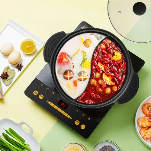 Miniatura 5 de Olla caliente con divisor para cocina de inducción de doble cara, olla de sopa de dos sabores china Shabu Shabu para fiesta en casa, reunión