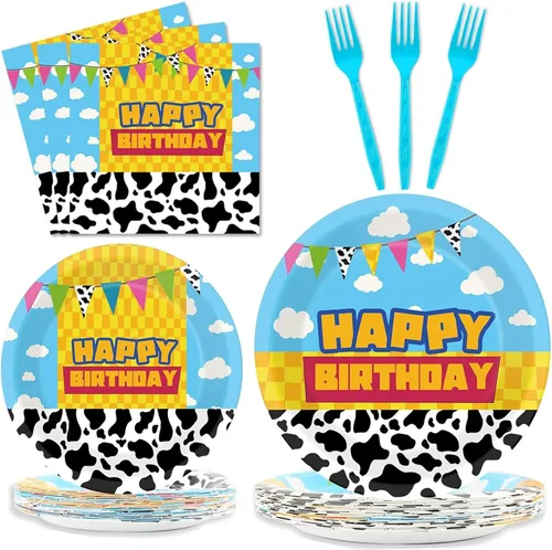 gisgfim 96 piezas de platos y servilletas de fiesta de historias de dibujos animados, suministros para fiesta, diseño de vaca, juego de vajilla de