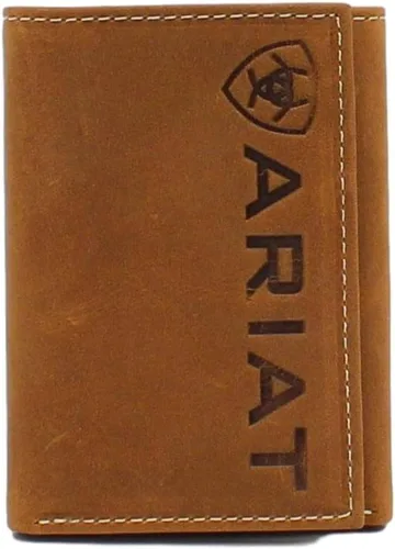 Ariat Western A3545344 - Cartera para hombre diseño vertical con logotipo grabado en color marrón Marrón medio 3 x 4 14 Cartera triple