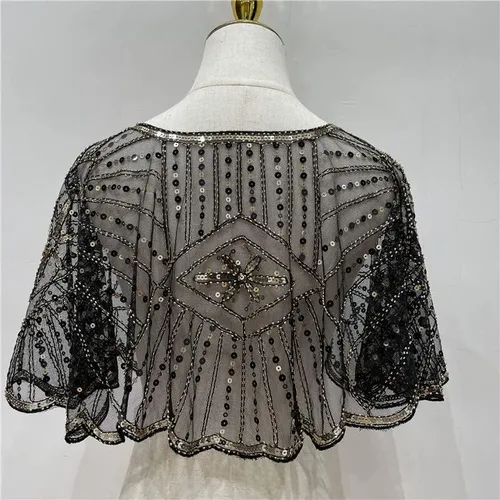 Miniatura 3 de Specell Chal de novia de los años 20, chal con cuentas de lentejuelas, chal y envolturas Bolero, cubierta para vestidos de noche, boda, fiesta, etc