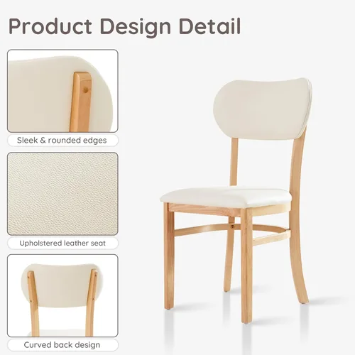 Miniatura 3 de Livinia Tony - Juego de 2 sillas de comedor, asiento tapizado de piel sintética de roble malasio sólido, sillas laterales redondeadas (natural)