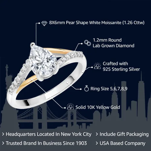 Miniatura 52 de Gem Stone King Anillo de compromiso de plata 925 y oro amarillo de 10 quilates, piedra natal con forma de pera de 0.315 x 0.236 in y diamantes