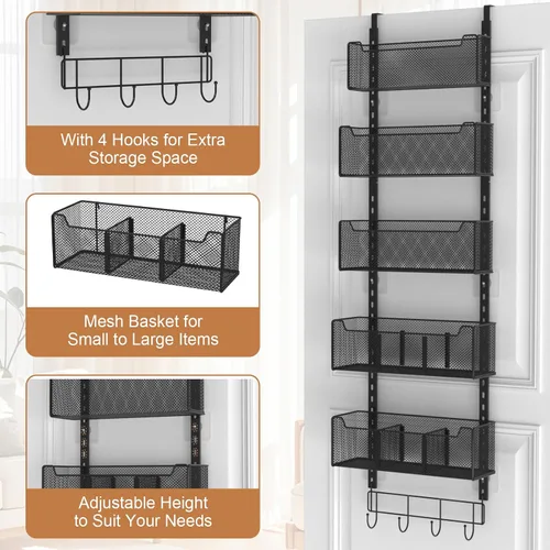 Miniatura 5 de VyGrow Organizador de puerta para colgar sobre la puerta, organizador de puerta de metal con 5 cestas ajustables y gancho para abrigos