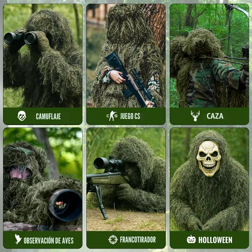Miniatura 5 de Seeutek Traje Ghillie 5 en 1 – Trajes de caza de camuflaje 3D – chaqueta, pantalones, capucha, bolsa de transporte para adultos y jóvenes, M/L