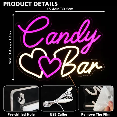 Miniatura 2 de Letrero de neón de barra de caramelo para decoración de pared, letreros LED de 15.4 x 11.8 pulgadas para negocios, luces de neón regulables por USB