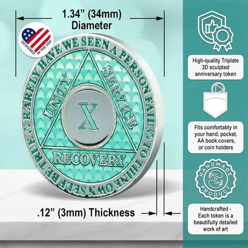 Miniatura 2 de Moneda de sobriedad de 10 años Chip AA Legacy Ficha de aniversario de recuperación de triplaca gruesa (Aqua)