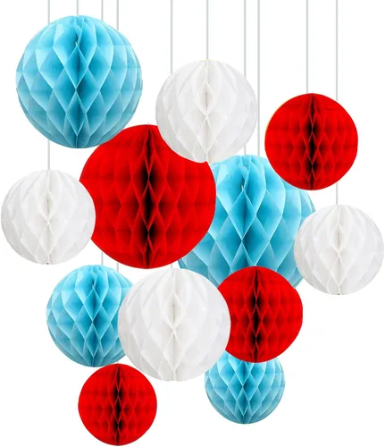 Miniatura 13 de ZOOYOO 12 piezas 15 cm 25 cm bolas de panal decorativas de papel de seda con pompones colgantes para cumpleaños, baby shower, boda, compromiso, Azul