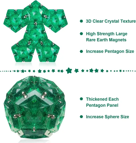 Miniatura 4 de Esferas magnéticas antiestrés con imanes - Cristal verde holográfico con destellos - Juguetes magnéticos antiestrés - Juego de 12 piezas - Purpurina