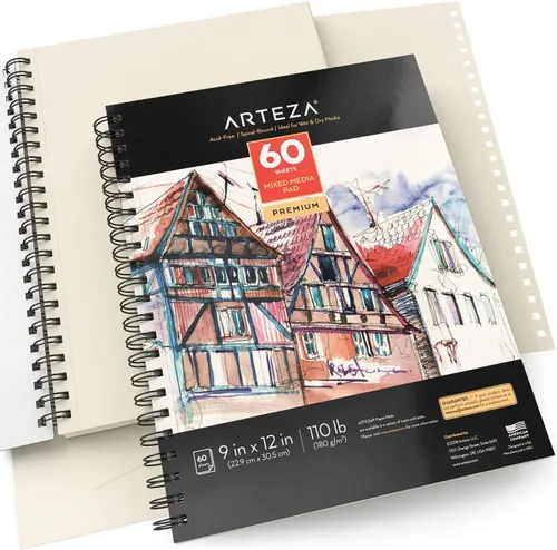 Miniatura 3 de ARTEZA Cuaderno de bocetos de medios mixtos, 9 x 12 pulgadas, paquete de 2, 60 hojas encuadernadas en espiral, papel sin ácidos de 110 libras