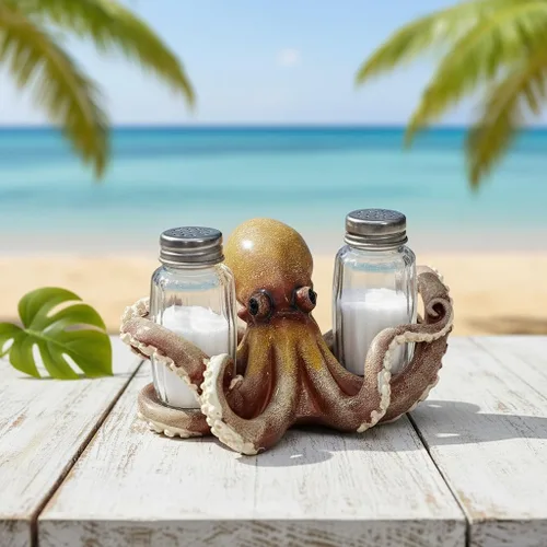 Miniatura 3 de Comfy Hour Dúo decorativo de salero y pimentero de pulpo, hecho a mano artesanal, soporte para mesa de cocina, incluye 2 botellas de vidrio, resina