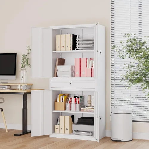 Miniatura 6 de Armario de almacenamiento de metal, archivador alto con 2 estantes ajustables y cajón, gabinete de herramientas de acero con cerradura para oficina