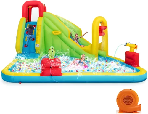 Miniatura 10 de HONEY JOY Tobogán acuático inflable, parque acuático inflable 7 en 1 para patio trasero de niños, piscina de chapoteo, pared de escalada, toboganes