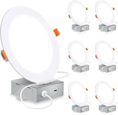 Luminaria empotrable LED delgada de 6 pulgadas con caja de conexiones, luz blanca cálida 3000 ºK, la luz descendente de 12 W equivale a 110 W, luces