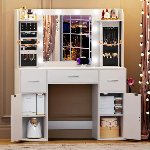 Miniatura 11 de EasyCom - Mesa de tocador con organizadores de joyería giratorios, tocador de maquillaje con espejo y luces, mesa de vestir con estación de carga
