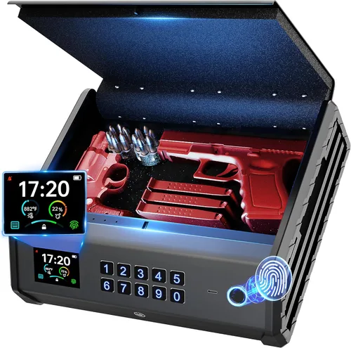 Caja Fuerte para Pistolas, Caja Fuerte Biométrica para Pistola de 3 Formas con Pantalla LCD de Temperatura y Humedad, Puerto USB, Fuente de