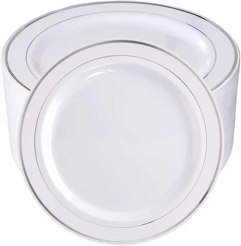 Miniatura 16 de bUCLA 100 platos de plástico plateados, platos desechables de borde plateado de 10.25 pulgadas, ideales para bodas, fiestas