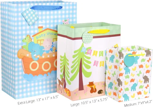 Miniatura 6 de FZOPO Surtido de bolsas de regalo para bebé, bolsas de regalo de papel resistente, paquete de 12 bolsas pequeñas, medianas y extra grandes para baby