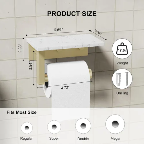 Miniatura 3 de Soporte de papel higiénico dorado cepillado con estante de mármol, soporte de mano de papel higiénico de acero inoxidable 304 montado en la pared