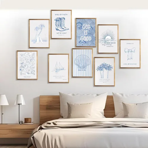 Miniatura 3 de 9 Piezas Arte de Pared Cristiano Costero Azul Pósteres de Conchas Marinas Versículos Bíblicos Inspiradores Océano Playa Estrella de Mar Palmera