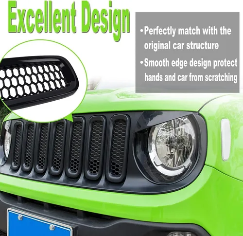 Miniatura 3 de YMT - 7 piezas de rejilla frontal de malla negra para Jeep Renegade 2015 2016 2017 2018