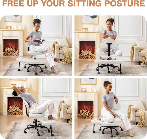 Miniatura 4 de AtHope Silla de oficina con patas cruzadas, silla de escritorio entrecruzada, asiento de yoga para meditación para TDAH con altura ajustable, Blanco