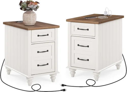 Miniatura 10 de WAMPAT Mesa auxiliar con estación de carga, mesa auxiliar de madera con cajón y armario de almacenamiento, mesa auxiliar moderna con tomas de Roble