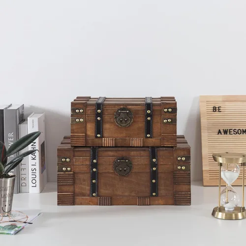 Miniatura 3 de Soul & Lane Cajas de madera con tapas con bisagras, juego de 2, baúles decorativos para almacenamiento y decoración del hogar, cofres del tesoro