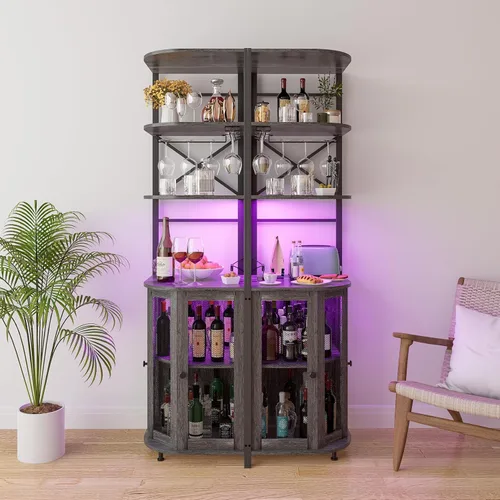 Miniatura 8 de Gabinete de bar de vino con toma de corriente, gabinete de vino industrial de 6 niveles con luz LED y soporte para vidrio, gabinete de barra de Gris